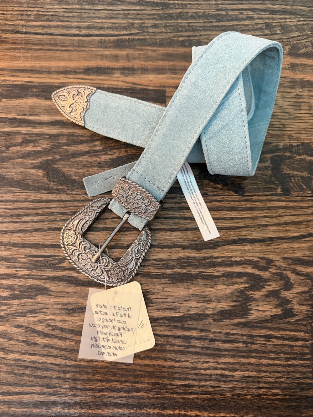 Free People Powder Blue Suede Black Rock Western Buckle Belt